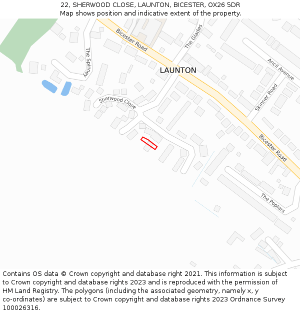 22, SHERWOOD CLOSE, LAUNTON, BICESTER, OX26 5DR: Location map and indicative extent of plot
