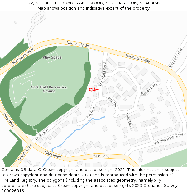 22, SHOREFIELD ROAD, MARCHWOOD, SOUTHAMPTON, SO40 4SR: Location map and indicative extent of plot