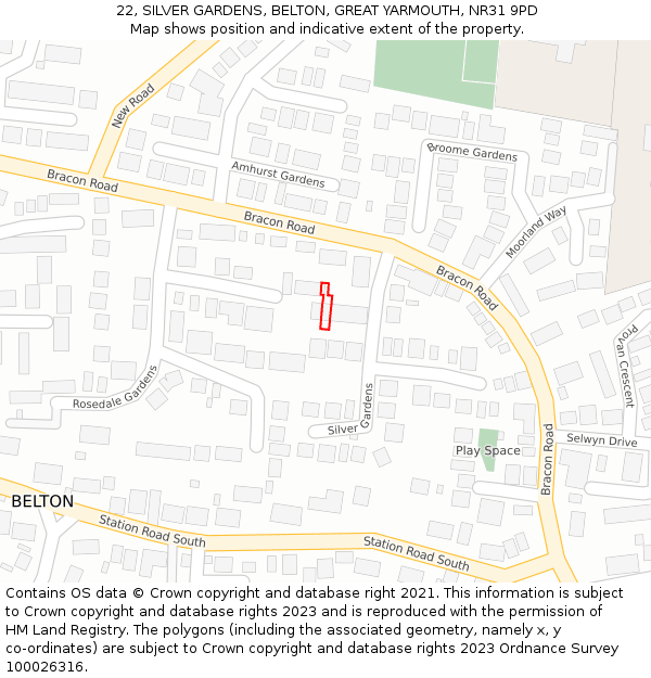 22, SILVER GARDENS, BELTON, GREAT YARMOUTH, NR31 9PD: Location map and indicative extent of plot