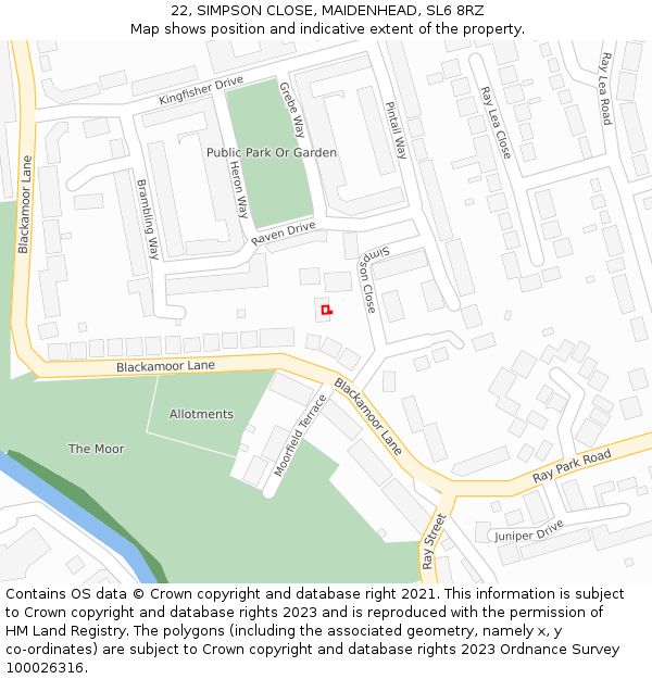 22, SIMPSON CLOSE, MAIDENHEAD, SL6 8RZ: Location map and indicative extent of plot