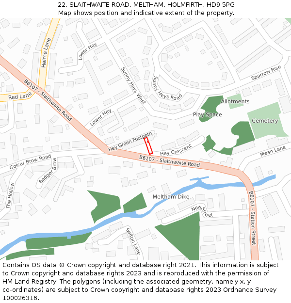 22, SLAITHWAITE ROAD, MELTHAM, HOLMFIRTH, HD9 5PG: Location map and indicative extent of plot