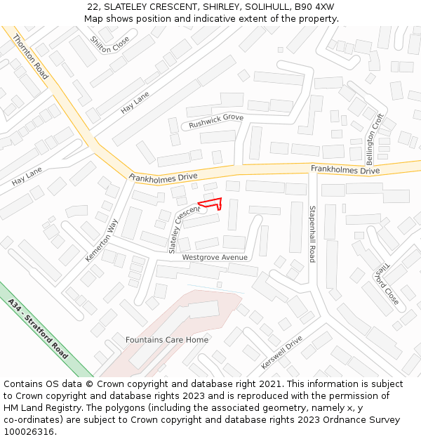 22, SLATELEY CRESCENT, SHIRLEY, SOLIHULL, B90 4XW: Location map and indicative extent of plot