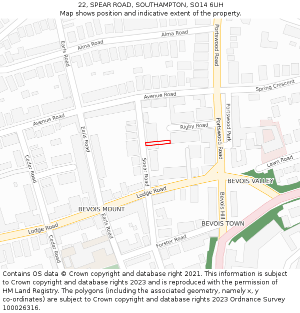 22, SPEAR ROAD, SOUTHAMPTON, SO14 6UH: Location map and indicative extent of plot