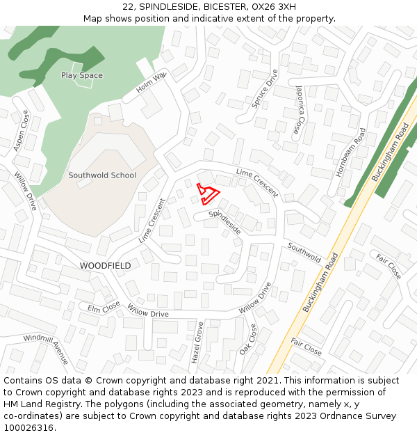 22, SPINDLESIDE, BICESTER, OX26 3XH: Location map and indicative extent of plot