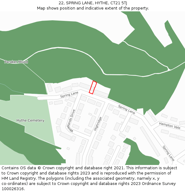 22, SPRING LANE, HYTHE, CT21 5TJ: Location map and indicative extent of plot