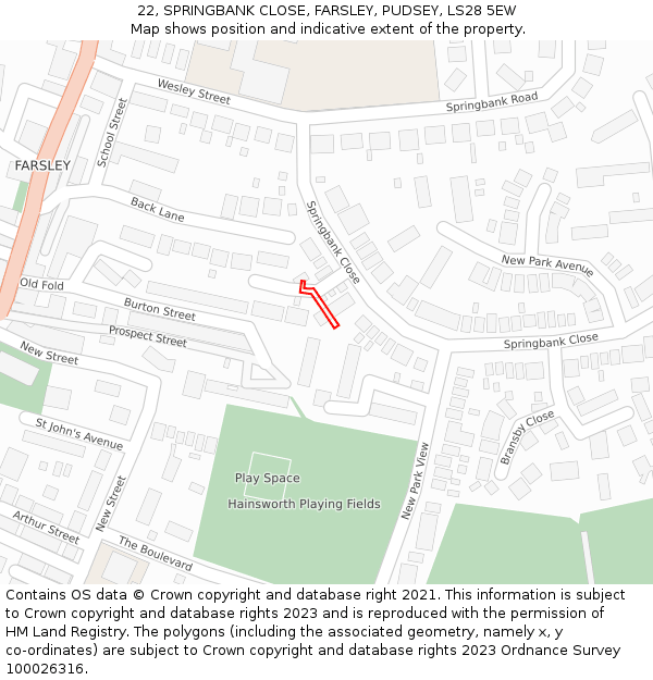 22, SPRINGBANK CLOSE, FARSLEY, PUDSEY, LS28 5EW: Location map and indicative extent of plot