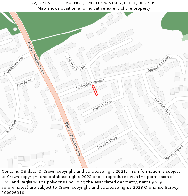 22, SPRINGFIELD AVENUE, HARTLEY WINTNEY, HOOK, RG27 8SF: Location map and indicative extent of plot
