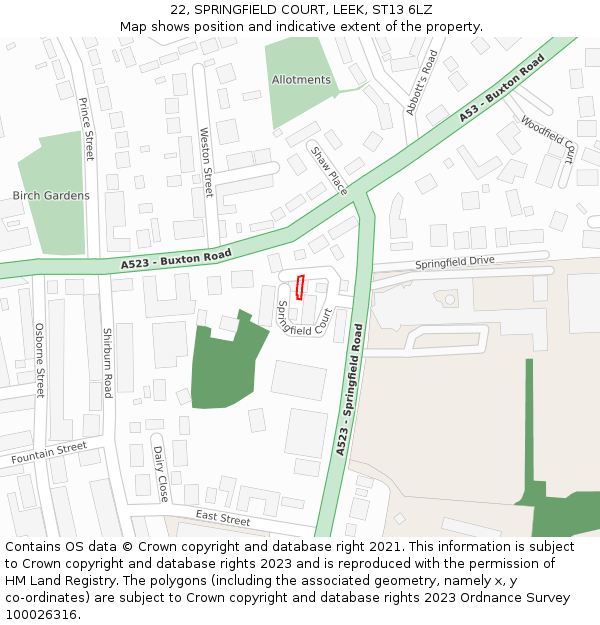 22, SPRINGFIELD COURT, LEEK, ST13 6LZ: Location map and indicative extent of plot