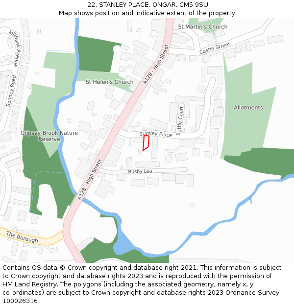 22, STANLEY PLACE, ONGAR, CM5 9SU: Location map and indicative extent of plot