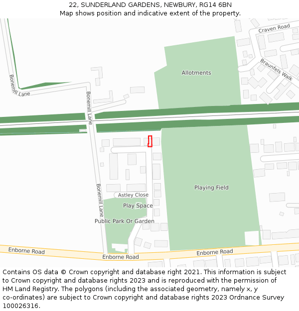 22, SUNDERLAND GARDENS, NEWBURY, RG14 6BN: Location map and indicative extent of plot