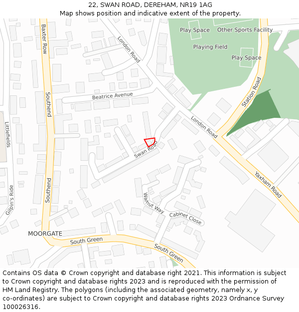 22, SWAN ROAD, DEREHAM, NR19 1AG: Location map and indicative extent of plot