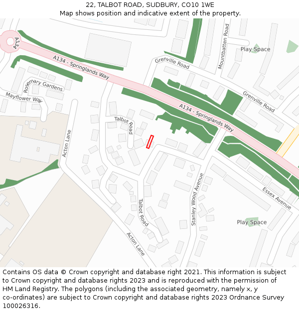 22, TALBOT ROAD, SUDBURY, CO10 1WE: Location map and indicative extent of plot