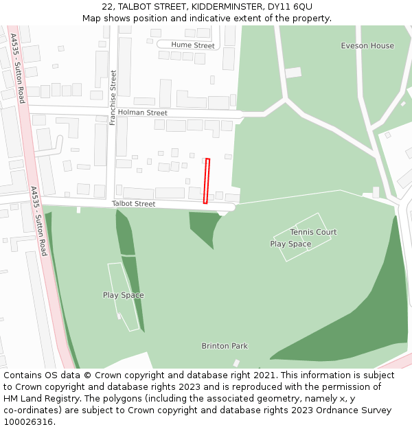 22, TALBOT STREET, KIDDERMINSTER, DY11 6QU: Location map and indicative extent of plot