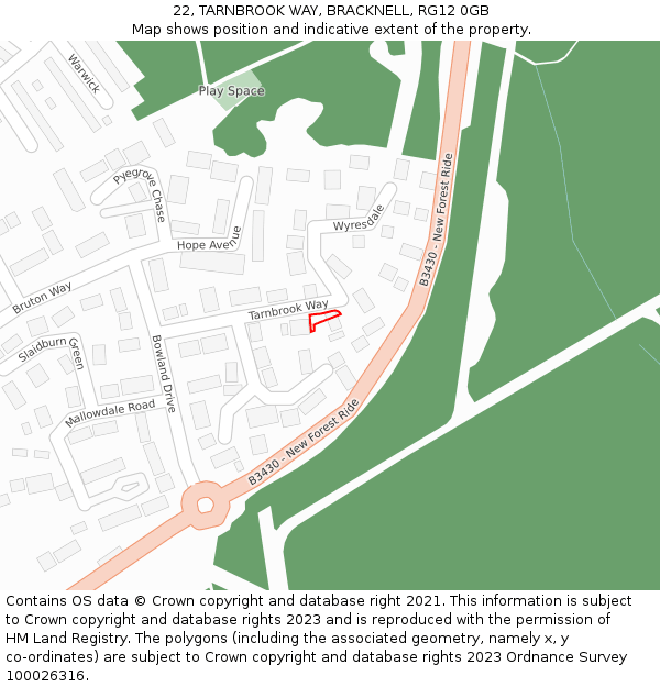 22, TARNBROOK WAY, BRACKNELL, RG12 0GB: Location map and indicative extent of plot