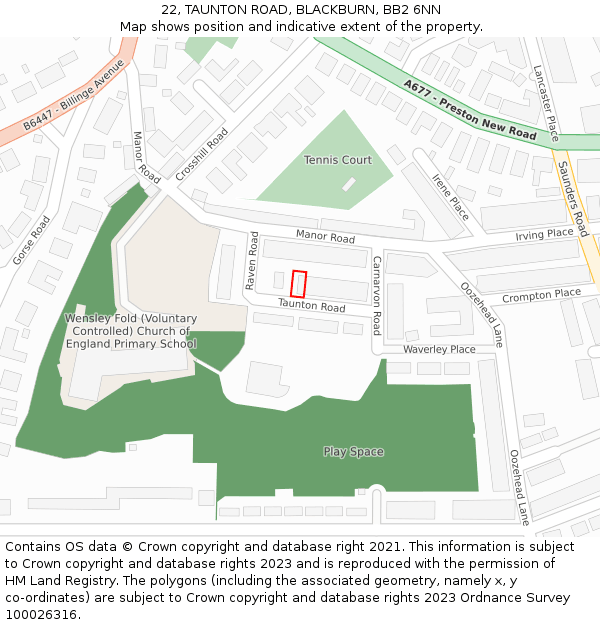22, TAUNTON ROAD, BLACKBURN, BB2 6NN: Location map and indicative extent of plot