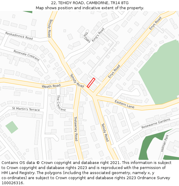 22, TEHIDY ROAD, CAMBORNE, TR14 8TG: Location map and indicative extent of plot