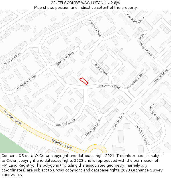 22, TELSCOMBE WAY, LUTON, LU2 8JW: Location map and indicative extent of plot