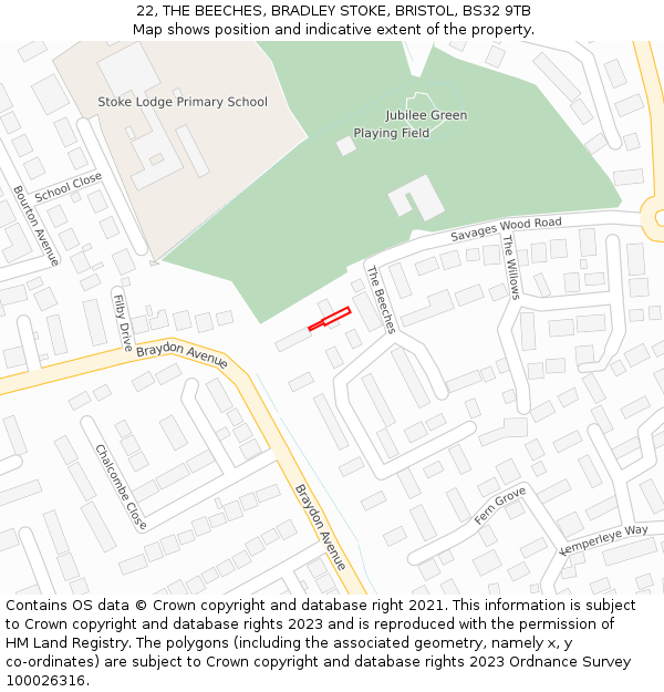 22, THE BEECHES, BRADLEY STOKE, BRISTOL, BS32 9TB: Location map and indicative extent of plot