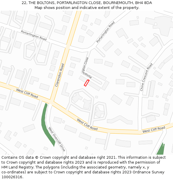 22, THE BOLTONS, PORTARLINGTON CLOSE, BOURNEMOUTH, BH4 8DA: Location map and indicative extent of plot