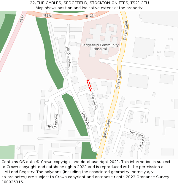 22, THE GABLES, SEDGEFIELD, STOCKTON-ON-TEES, TS21 3EU: Location map and indicative extent of plot