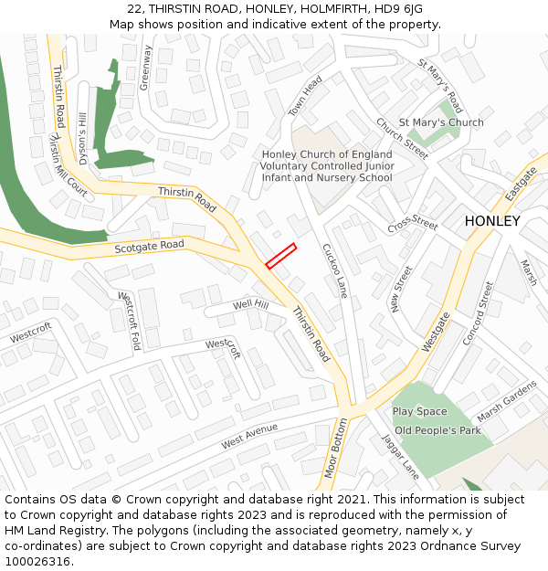 22, THIRSTIN ROAD, HONLEY, HOLMFIRTH, HD9 6JG: Location map and indicative extent of plot