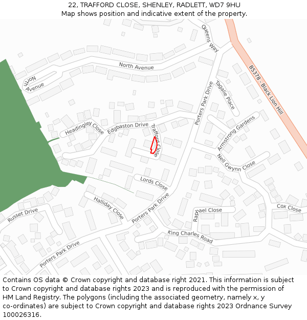 22, TRAFFORD CLOSE, SHENLEY, RADLETT, WD7 9HU: Location map and indicative extent of plot