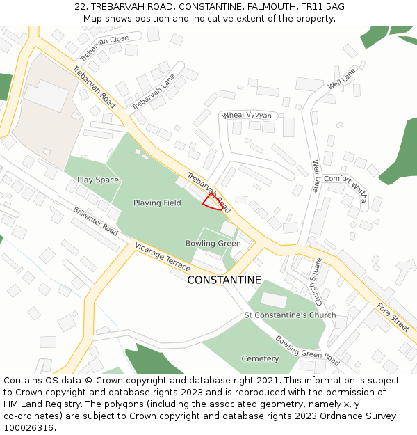22, TREBARVAH ROAD, CONSTANTINE, FALMOUTH, TR11 5AG: Location map and indicative extent of plot