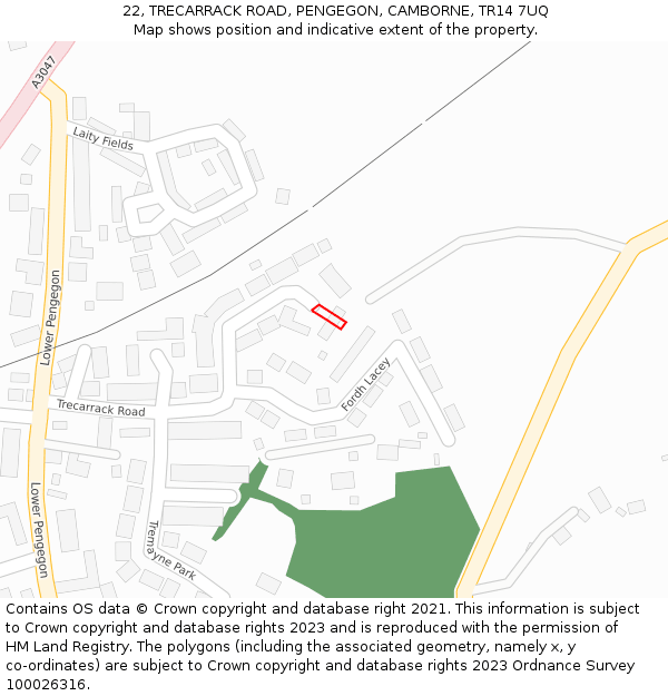 22, TRECARRACK ROAD, PENGEGON, CAMBORNE, TR14 7UQ: Location map and indicative extent of plot
