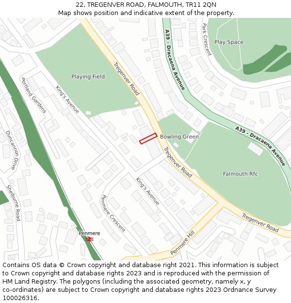 22, TREGENVER ROAD, FALMOUTH, TR11 2QN: Location map and indicative extent of plot