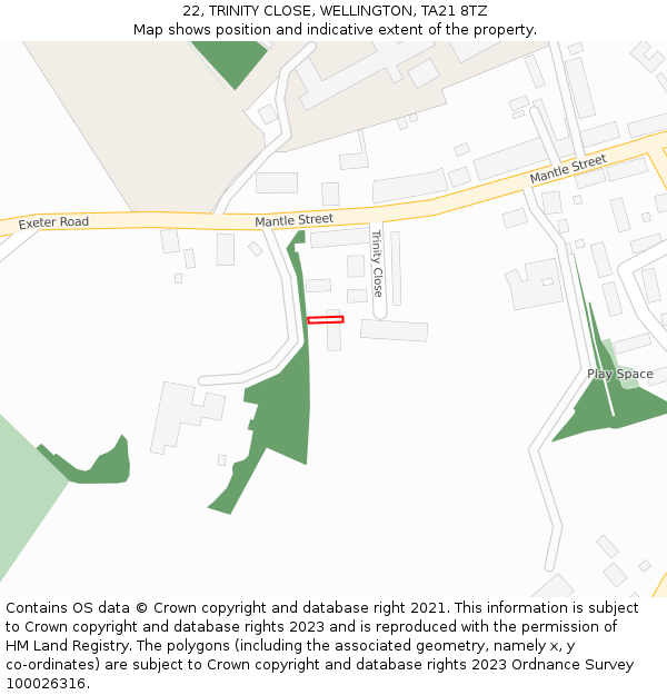 22, TRINITY CLOSE, WELLINGTON, TA21 8TZ: Location map and indicative extent of plot