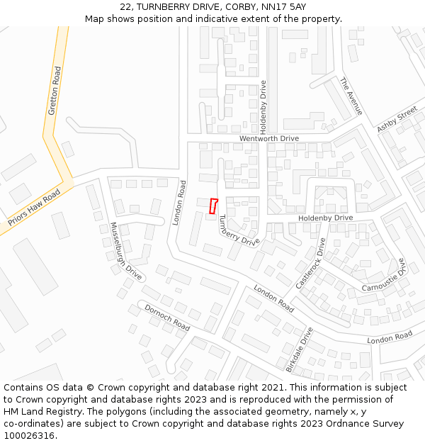 22, TURNBERRY DRIVE, CORBY, NN17 5AY: Location map and indicative extent of plot