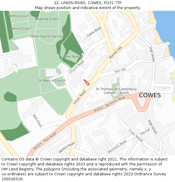 22, UNION ROAD, COWES, PO31 7TP: Location map and indicative extent of plot