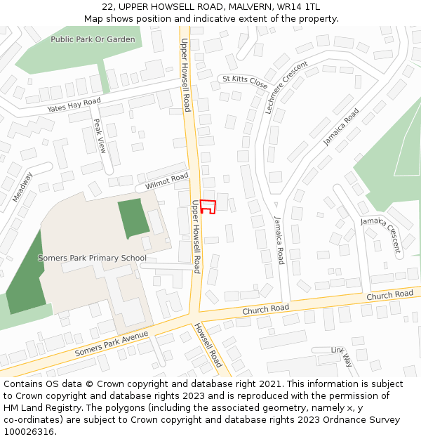 22, UPPER HOWSELL ROAD, MALVERN, WR14 1TL: Location map and indicative extent of plot