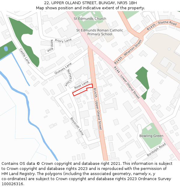 22, UPPER OLLAND STREET, BUNGAY, NR35 1BH: Location map and indicative extent of plot