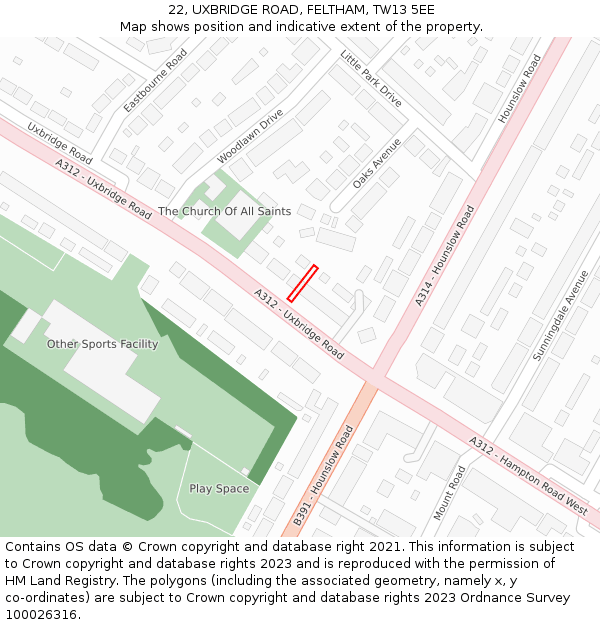 22, UXBRIDGE ROAD, FELTHAM, TW13 5EE: Location map and indicative extent of plot
