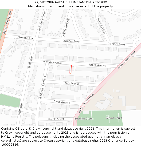 22, VICTORIA AVENUE, HUNSTANTON, PE36 6BX: Location map and indicative extent of plot