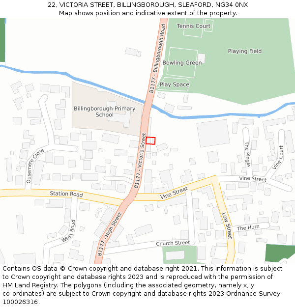 22, VICTORIA STREET, BILLINGBOROUGH, SLEAFORD, NG34 0NX: Location map and indicative extent of plot