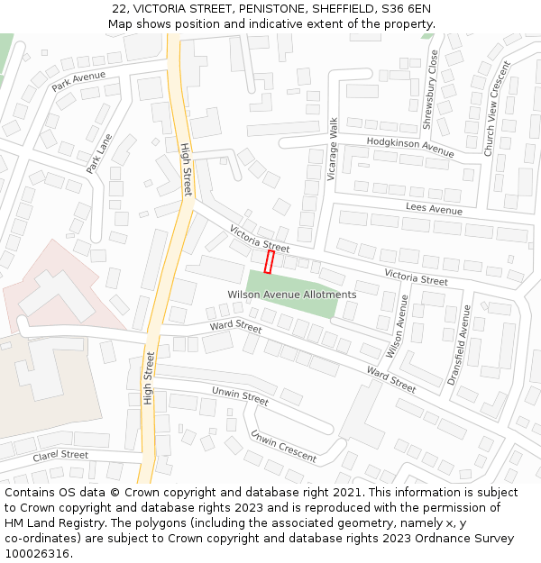 22, VICTORIA STREET, PENISTONE, SHEFFIELD, S36 6EN: Location map and indicative extent of plot