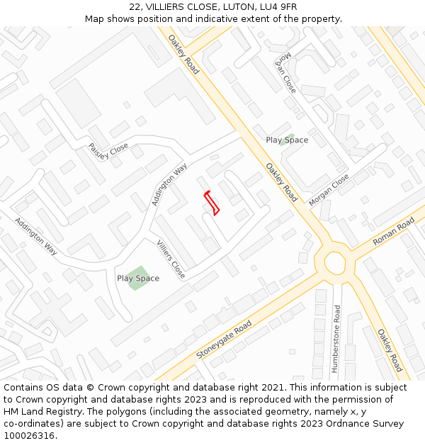 22, VILLIERS CLOSE, LUTON, LU4 9FR: Location map and indicative extent of plot