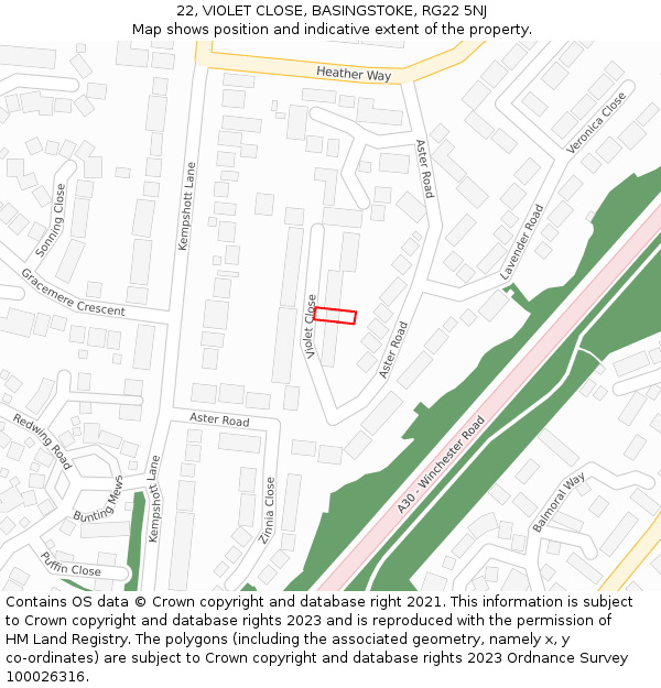 22, VIOLET CLOSE, BASINGSTOKE, RG22 5NJ: Location map and indicative extent of plot