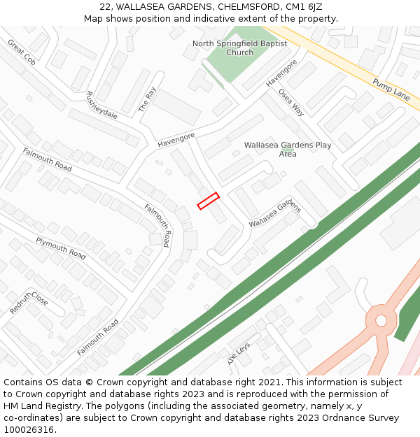 22, WALLASEA GARDENS, CHELMSFORD, CM1 6JZ: Location map and indicative extent of plot