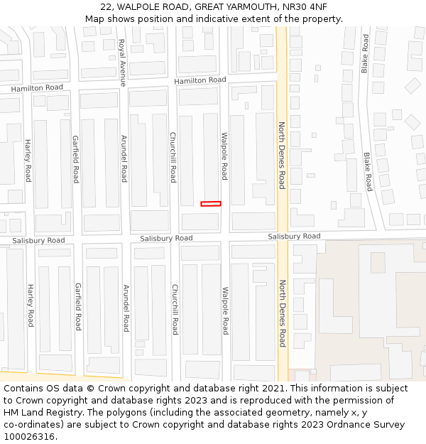 22, WALPOLE ROAD, GREAT YARMOUTH, NR30 4NF: Location map and indicative extent of plot