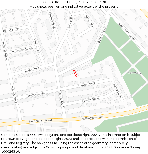 22, WALPOLE STREET, DERBY, DE21 6DP: Location map and indicative extent of plot