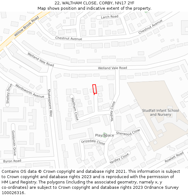 22, WALTHAM CLOSE, CORBY, NN17 2YF: Location map and indicative extent of plot