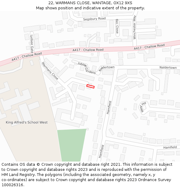 22, WARMANS CLOSE, WANTAGE, OX12 9XS: Location map and indicative extent of plot