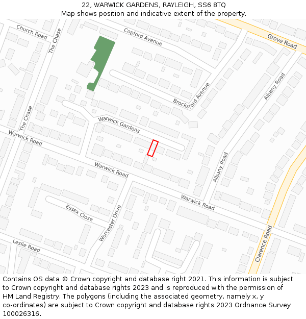 22, WARWICK GARDENS, RAYLEIGH, SS6 8TQ: Location map and indicative extent of plot