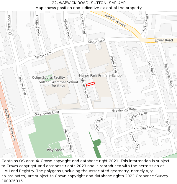 22, WARWICK ROAD, SUTTON, SM1 4AP: Location map and indicative extent of plot