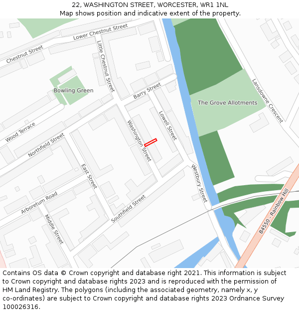 22, WASHINGTON STREET, WORCESTER, WR1 1NL: Location map and indicative extent of plot