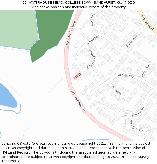 22, WATERHOUSE MEAD, COLLEGE TOWN, SANDHURST, GU47 0ZD: Location map and indicative extent of plot