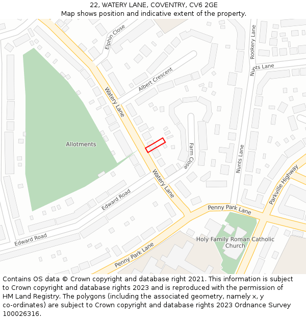 22, WATERY LANE, COVENTRY, CV6 2GE: Location map and indicative extent of plot